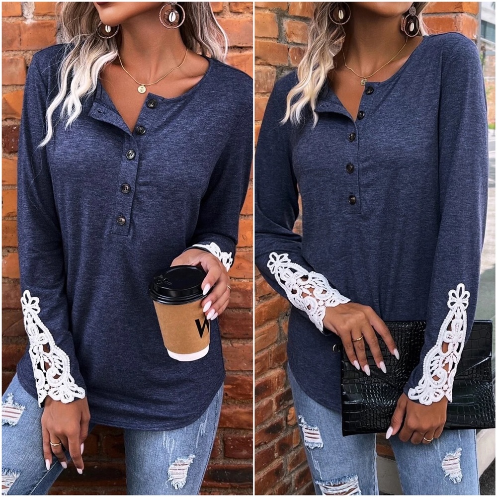 Boho Lace Sleeve Button Top - Picture 4 of 4